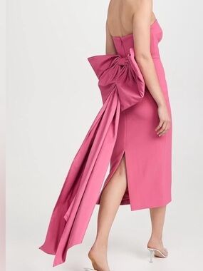 Rebecca Vallance Strapless Hot Pink Midi Dress with Oversized Back Bow